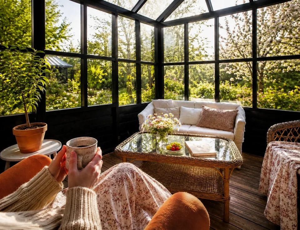 En langsom morgen med kaffe i et solfyldt orangeri i Tisvilde